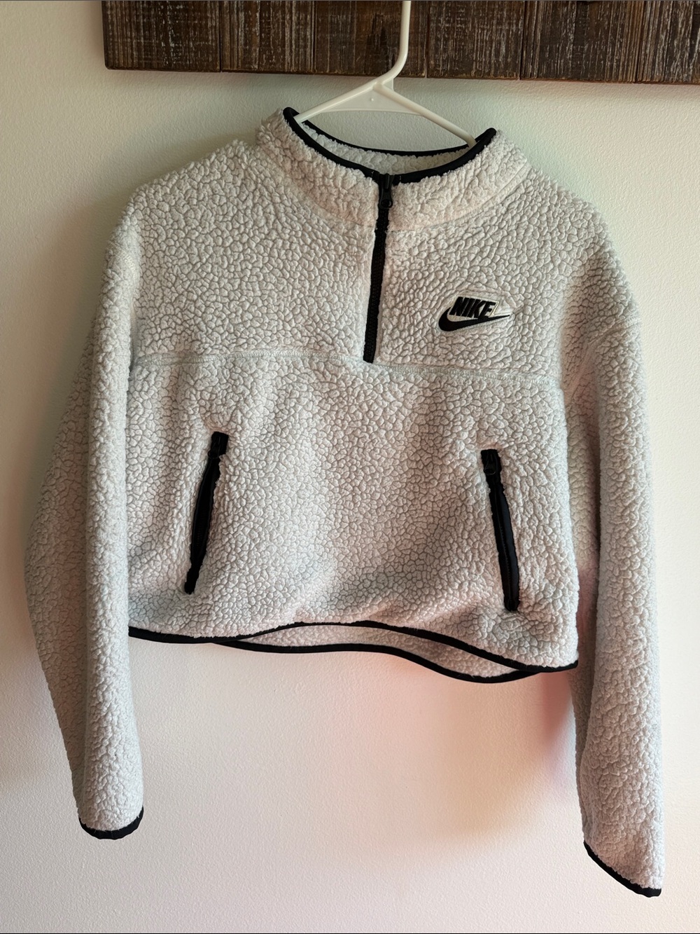 Nike Women’s White Sherpa Half-Zip Jacket with Black Trim
